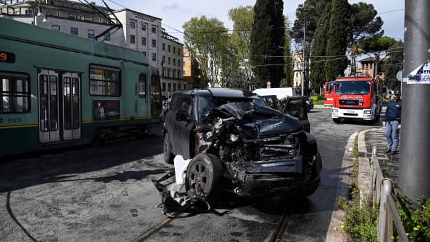 A photo showing a wrecked Land Rover SUV belonging to Lazio player Ciro Immobile after a collision involving a tram in Rome in April 2023
